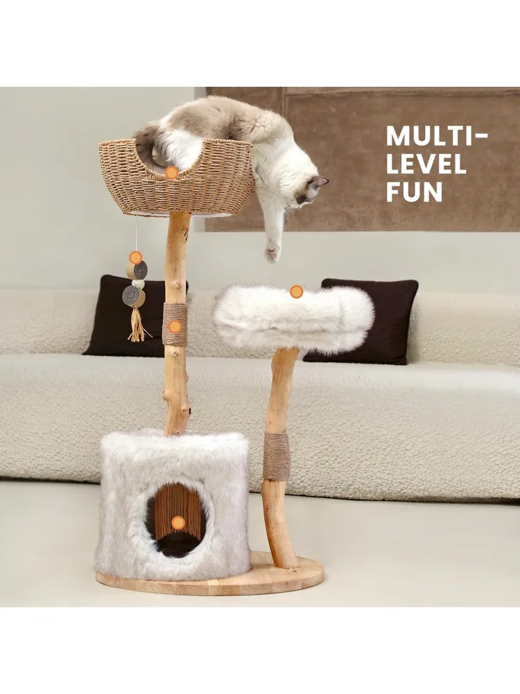 Tower with Two Real Branches, 44 INCH Wood Modern Cat Tower with Luxury Cat Condo, Cat Scratching Post, Jumping Platfor