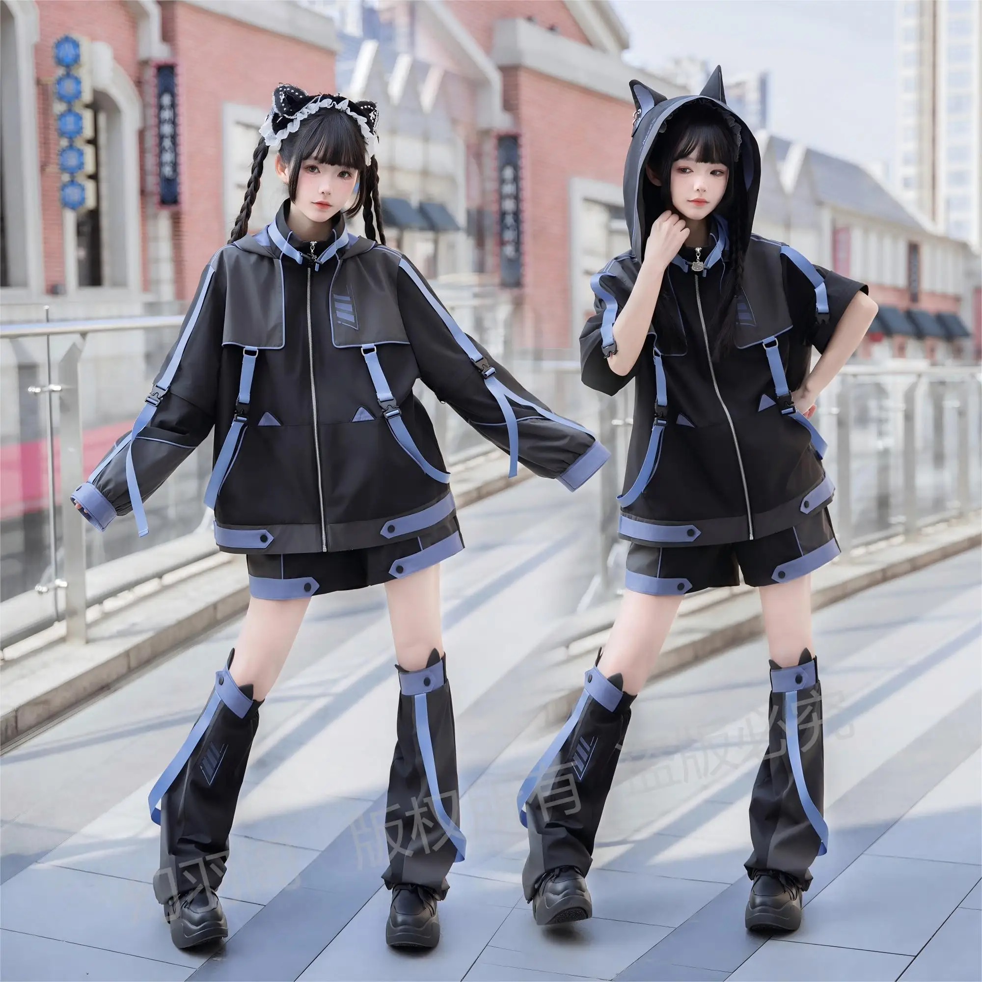Japanese Subculture Waterproof Interchange Jacket Sets Cute Cat Ears Hooded Detachable Sleeve Cardigans Coat Women Shorts Pants