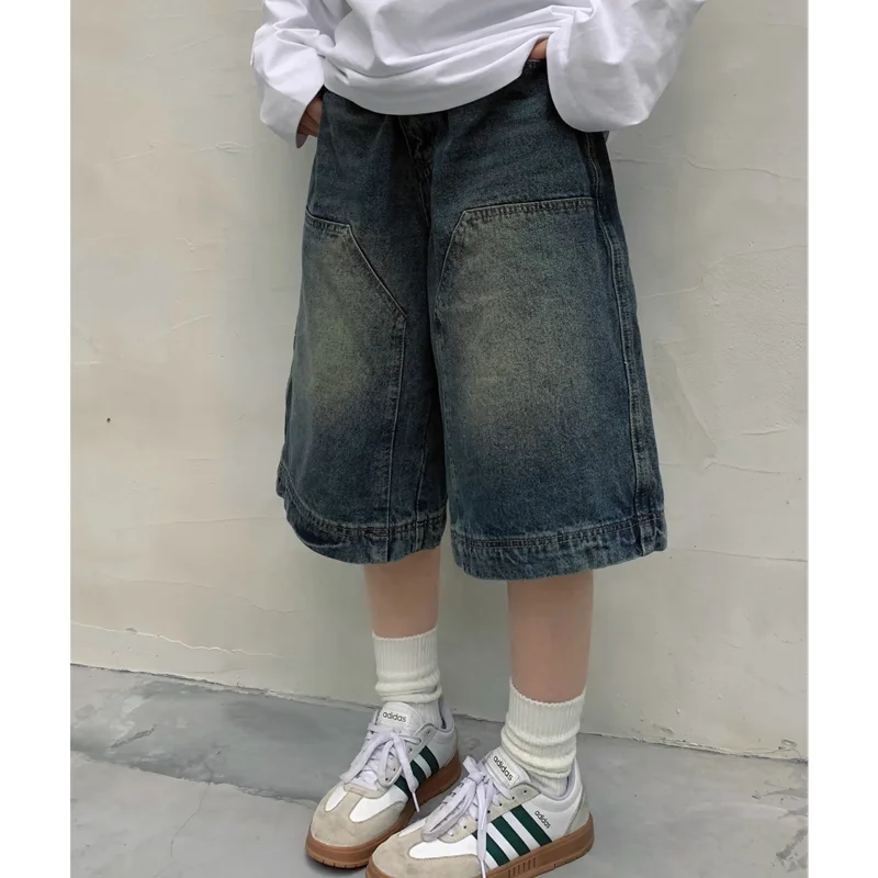 Niebieskie szorty damskie Dżinsy Wysoka talia Proste spodnie Streetwear Y2K Vintage Kobiece szerokie nogawki Denim Five Points Boyfriend Trouser