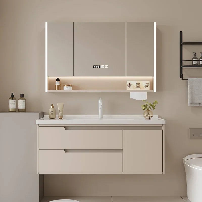 Mueble de baño estilo crema nórdica, almacenamiento de iluminación inteligente, mueble con espejo creativo, tocador combinado, muebles de baño Baño FYBC