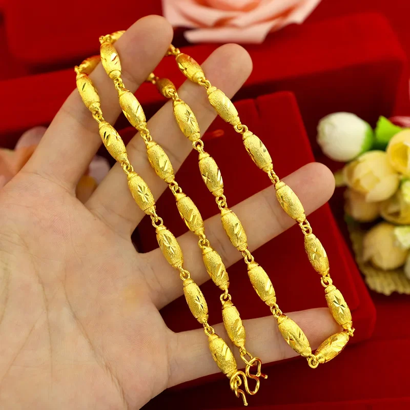 Gold Color Brushed Olive Necklace for Women Men Thick Yellow Gold Color Chain Necklaces Wedding Engagement Jewelry Gifts