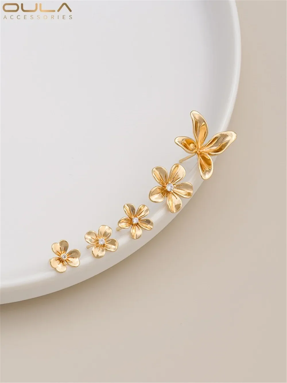 

925 Silver Needle 14K Bag Gold Color Zircon Flower Cherry Blossom Earrings Small Flower Earrings Accessories Materials