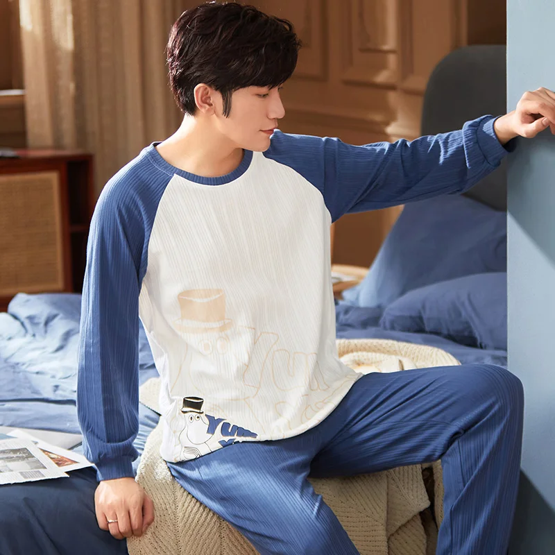 

Men's Pajama Sets 2024 Autumn Men Sleepwear Long Sleeve Cotton Pajamas for Men Elastic Waist Pant Leisure Nightwear Home Clothin