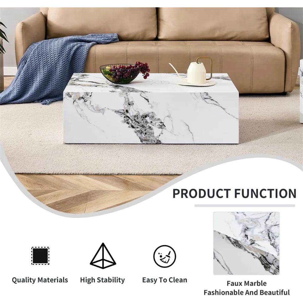 Coffee Table Living Room Table, Modern White Faux Marble Center Couch Table, Free-Installation, Small Space