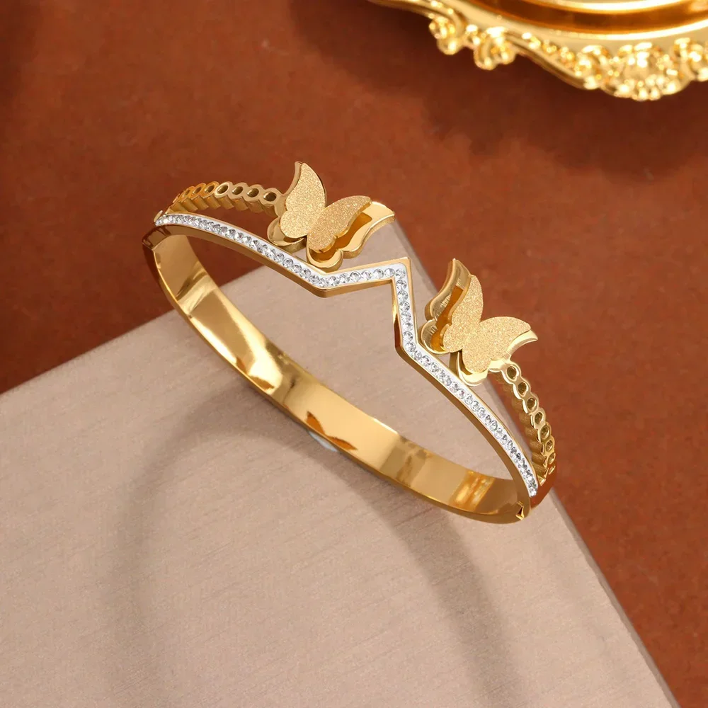 

Luxurious Double Frosted Butterfly Bangles Women Personality Gold Color Stainless Steel Bracelet Jewelry Valentine's Day Gifts