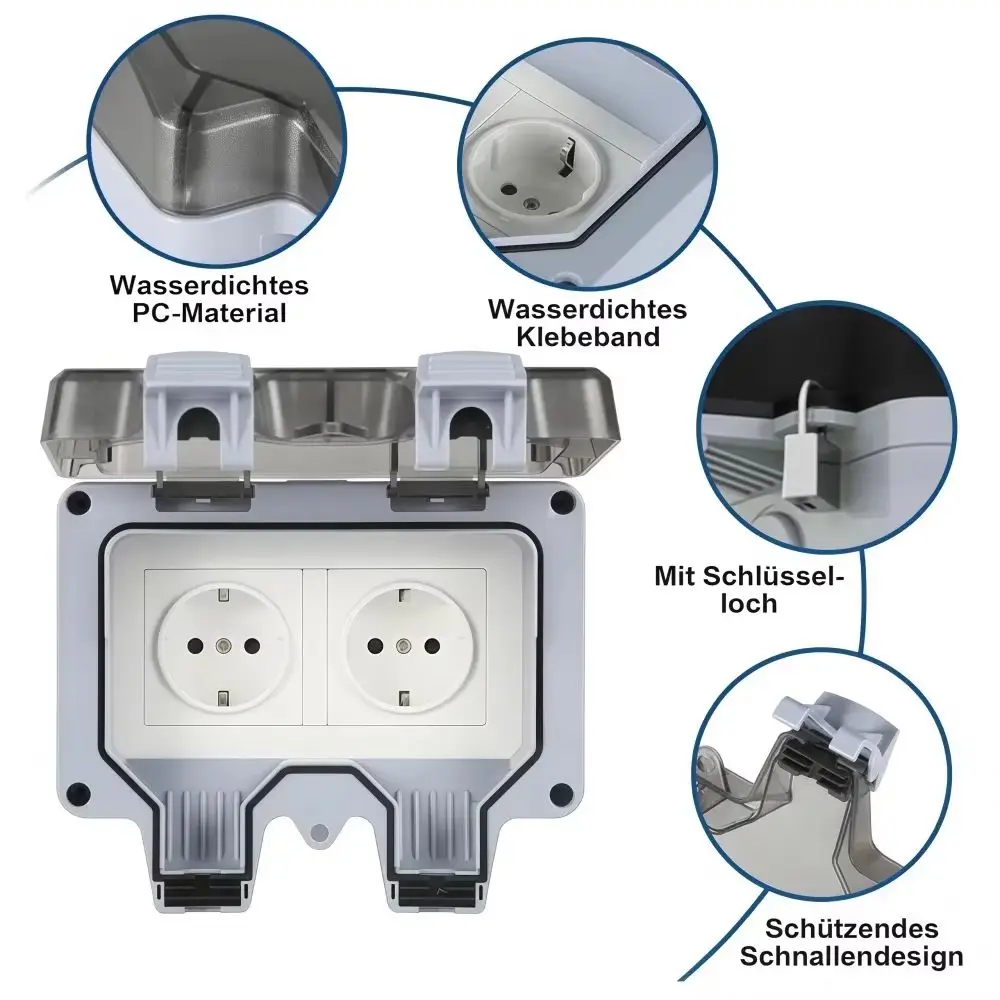 IP66 Waterproof Socket Box PC Material 16A Outdoor Wall Socket Wall Mount Multiple Cable Entry Holes EU Socket Open-Air Spaces