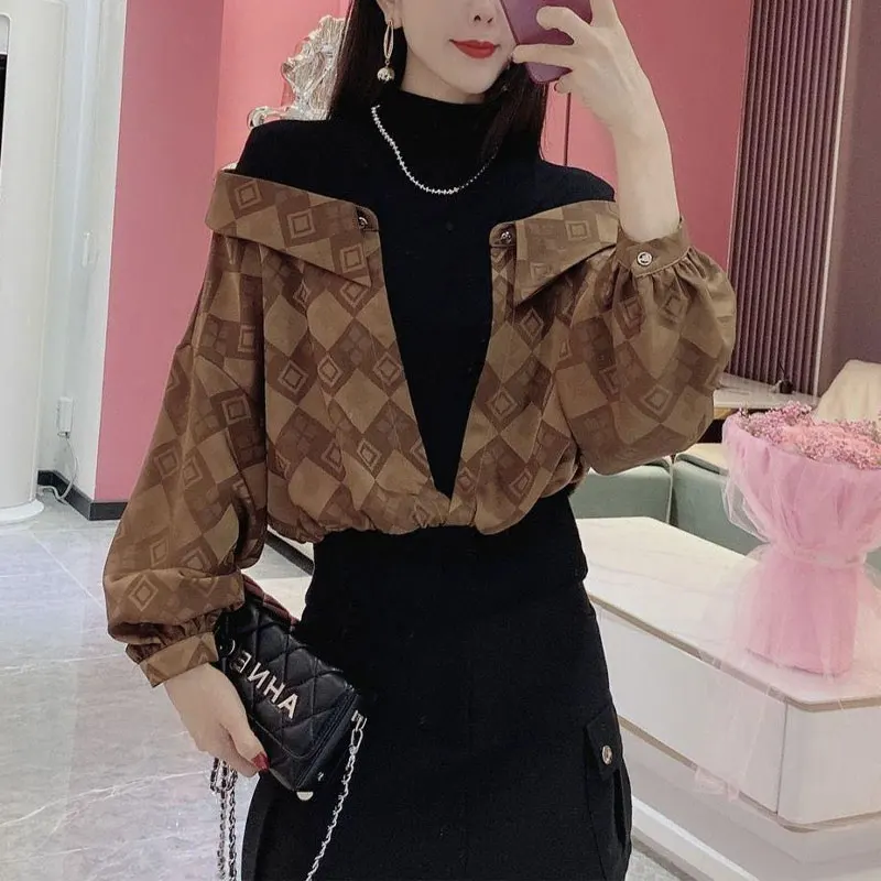 Fashion Fake Two Pieces Spliced Blouse Female Clothing Korean Half High Collar Loose Spring Autumn Commute Plaid Printed Shirt