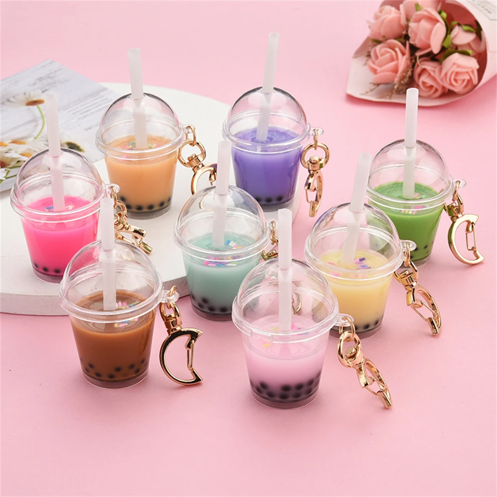 Kawaii Acrylic Boba Tea Keychains Simulation Mini Milk Bottle Pendant With Moon Keyrings For Women Car Purse Bag Ornament