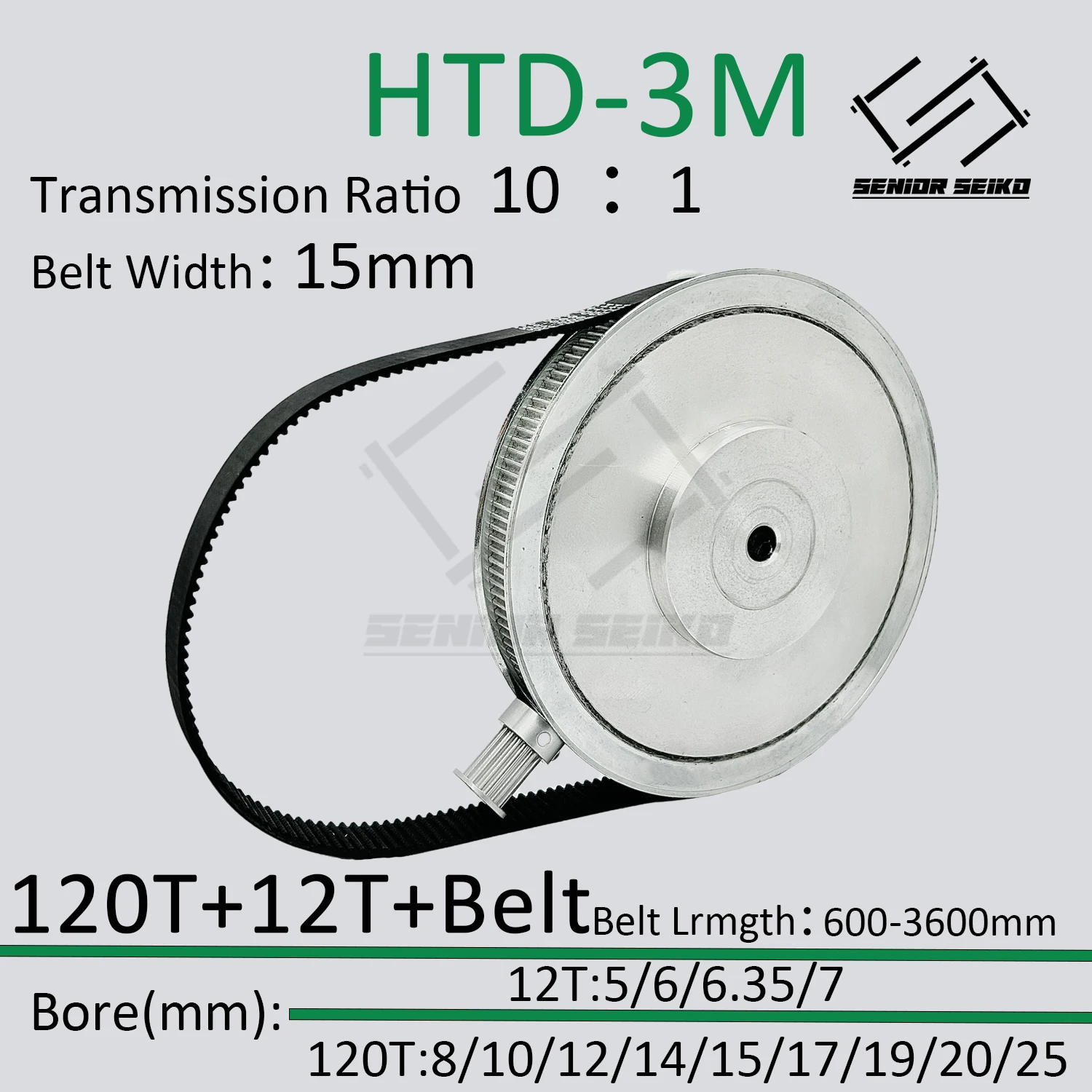 

Комплект редукционных шкивов HTD3M 120T 12T, синхронный шкив для ремня шириной 15 мм, передаточное число 10:1, плавная работа