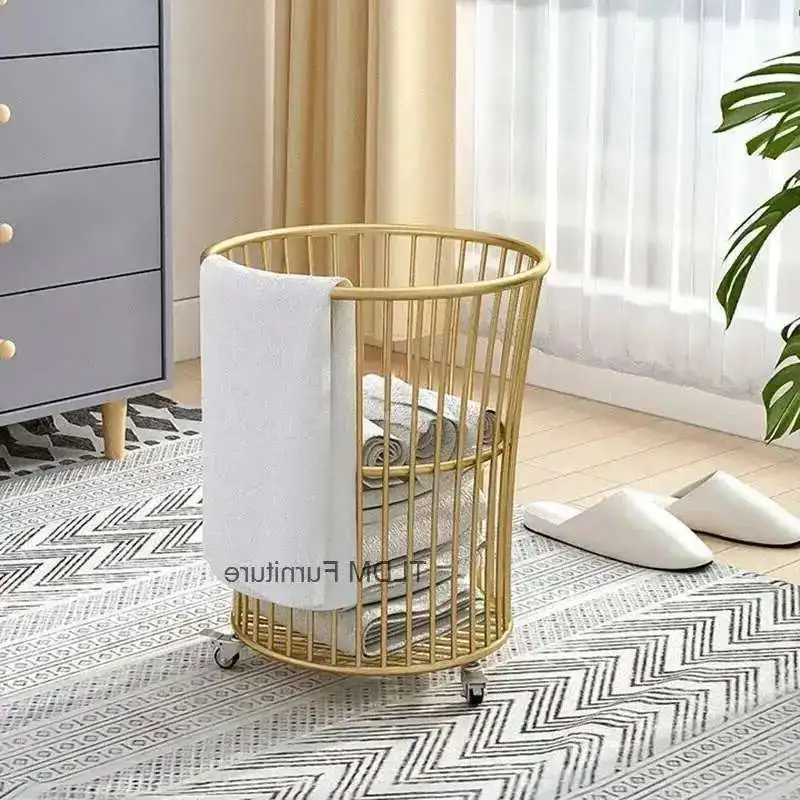 

Modern Bathroom Iron Art Laundry Baskets Luxury Dirty Clothes Basket Household Clothes Storage Basket Golden Belt Wheels w