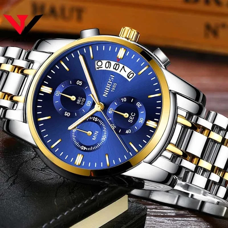

NIBOSI Brand Classic Men Quartz Watch Multifunctional Chronograph Watch Stainless Steel Strap 30M Waterproof Relogio Masculino