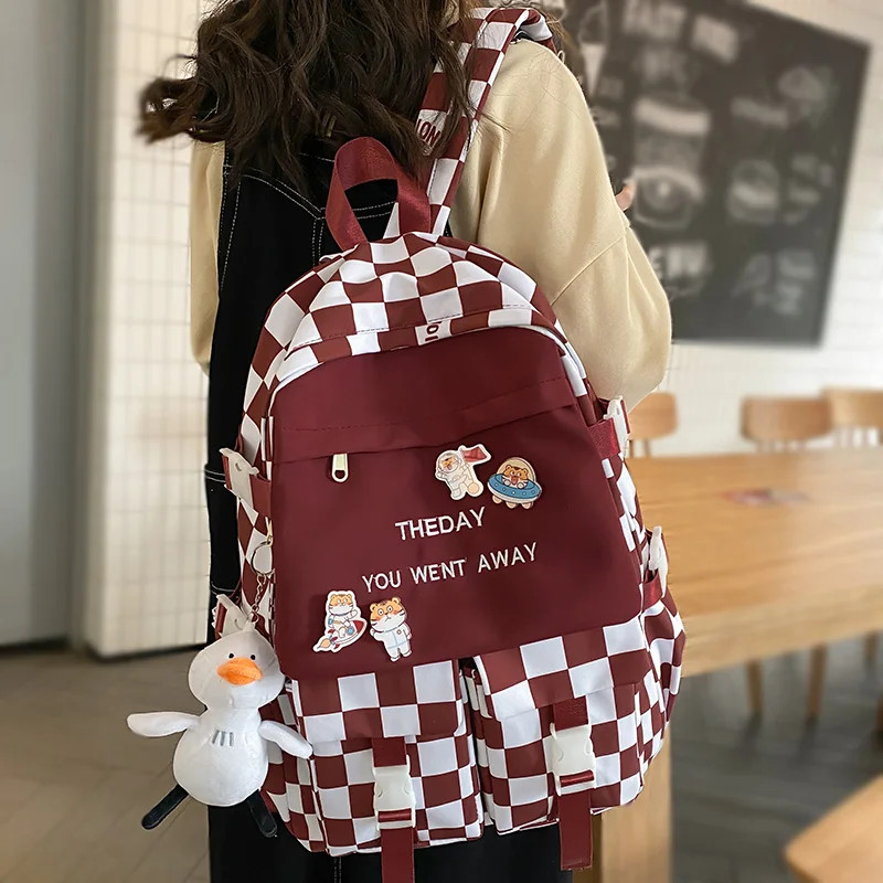 

Girl Lattice Backpack Trendy Kawaii Women Plaid School Bag College Female Backpack Fashion Lady Cute Travel Laptop Student Bags