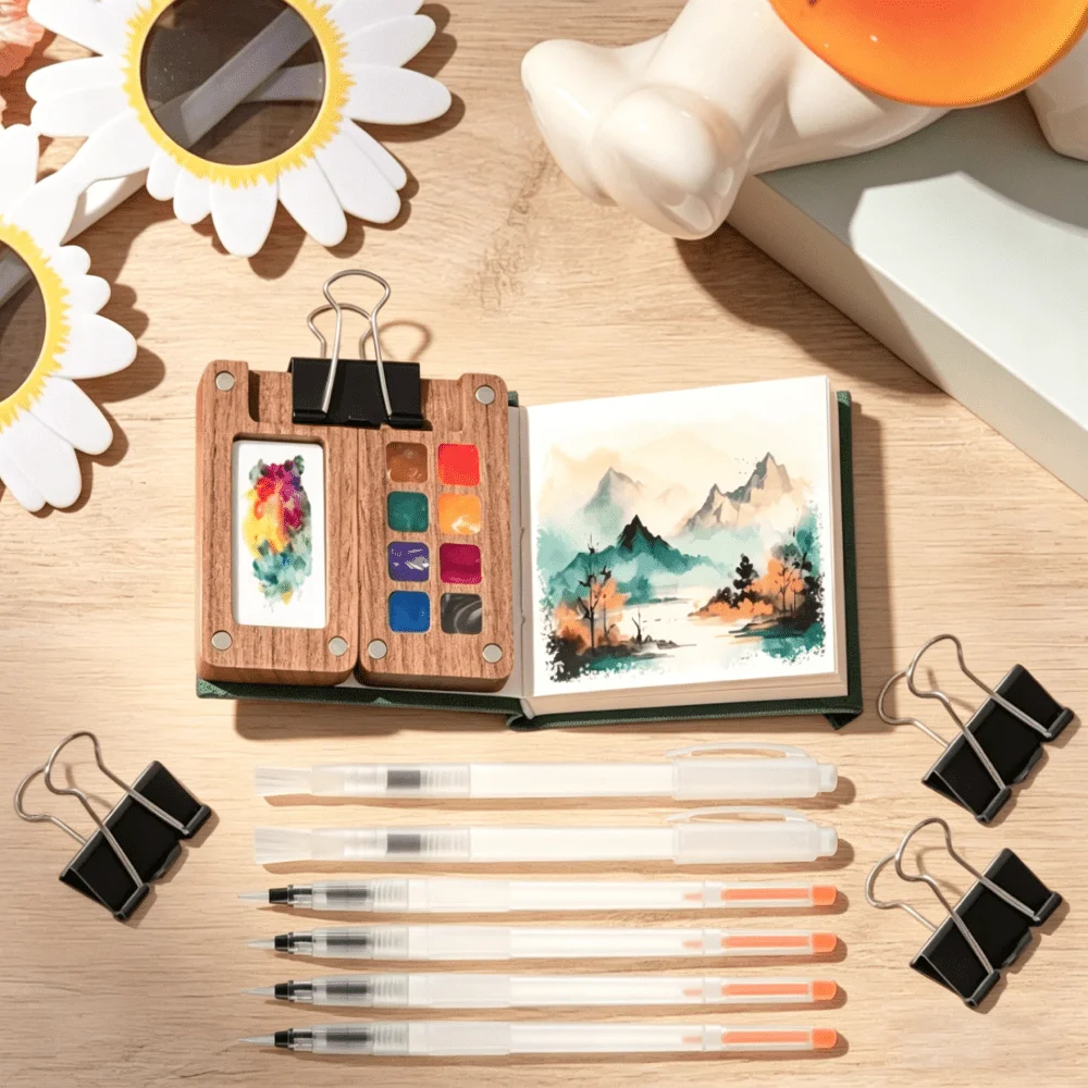 

1 Set Portable Watercolor Set with Mini Palette, Travel-Friendly Set Including Brushes, Sketchbook, Professional Artist'S Kit