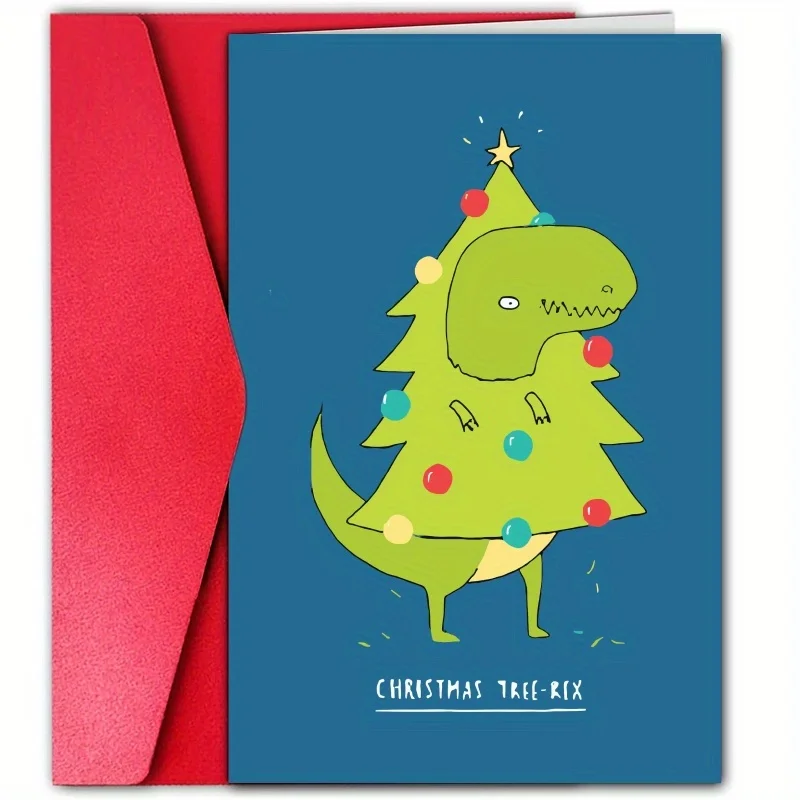 1pc, Happy Christmas Time Card, Merry and Bright Christmas Card, December Christmas Card, Funny Dinosaur Christmas Card