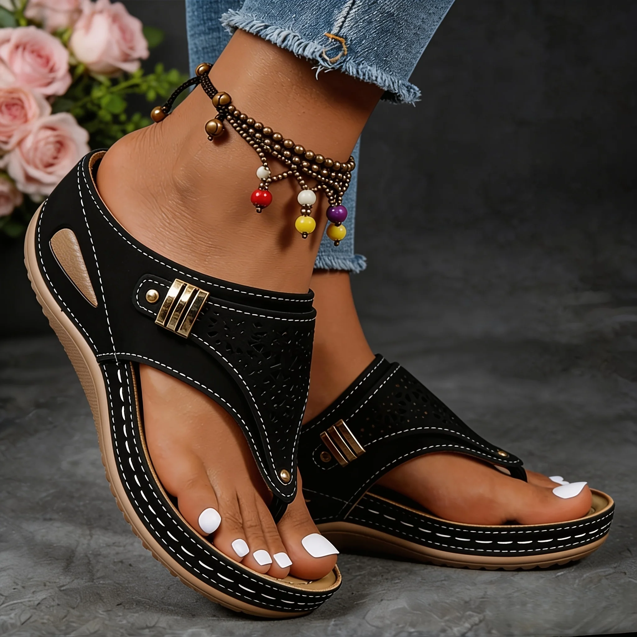 Women Summer Wedge Flip Flops Thong Sandals Adjustable Strap Comfort Orthopedic Platform Slippers Non Slip Soft Sole Casual Beach Outdoor Daily Walking Multicolor Ladies Summer Footwear