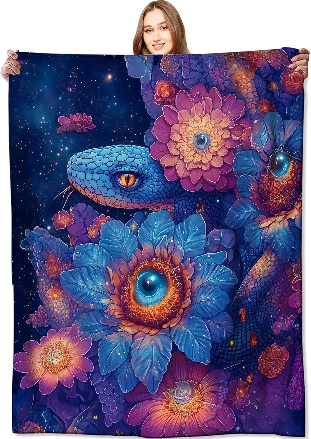 Snake blanket cosmic floral design mystical art pattern soft throw boho decor bedroom textile fantasy accessory