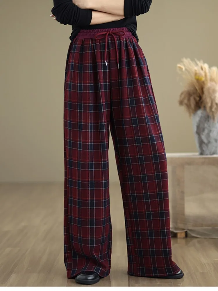 Oversized Plaid Striped Print Autumn Wide Leg Pant Women Casual Fashion Elastic High Waist Ladies Trousers Loose Woman Pants