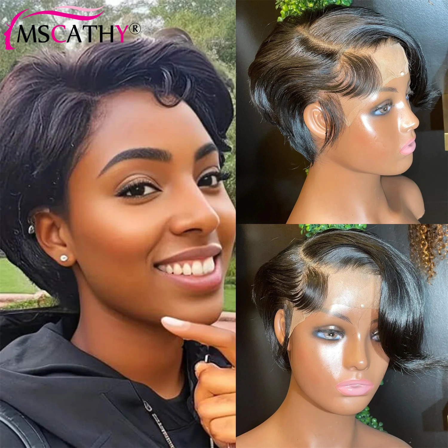 Short Bob Straight Pixie Cut L Part Lace Front Wig Human Hair Easy To Go Pre Plucked With Baby Hair Natural Color Human Hair Wig