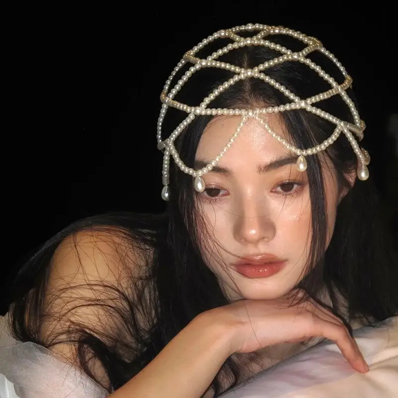 

Stylish Pearls Weave Hat Retro Mesh Headdress Imitation Pearl Forehead Chain Headpiece Exquisite Bride Wedding Accessories