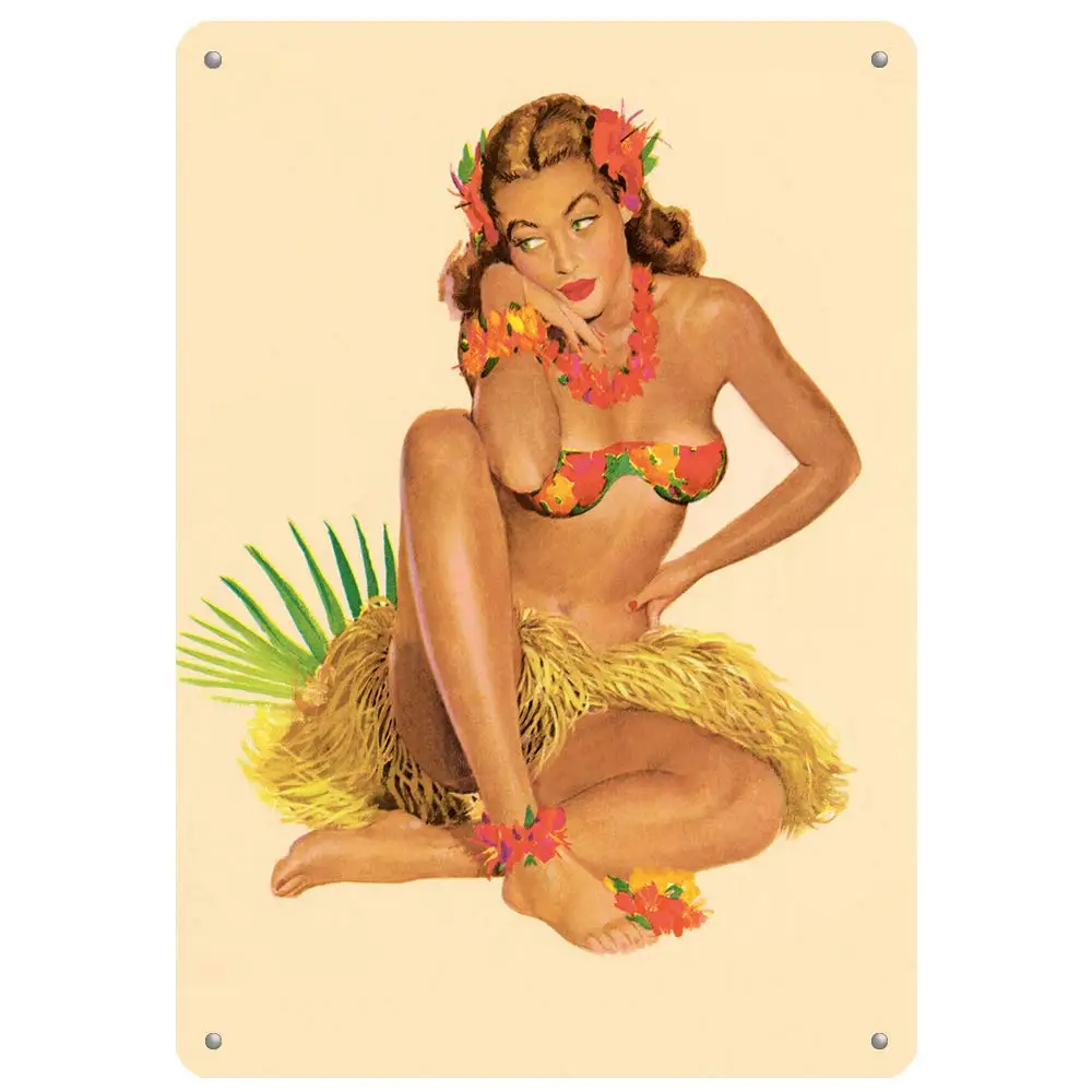 2026 Hula Pin-Up Girl Vintage Tin Sign - Durable Metal Plaque Wall Decor for Home, Office, Bar, Man Cave