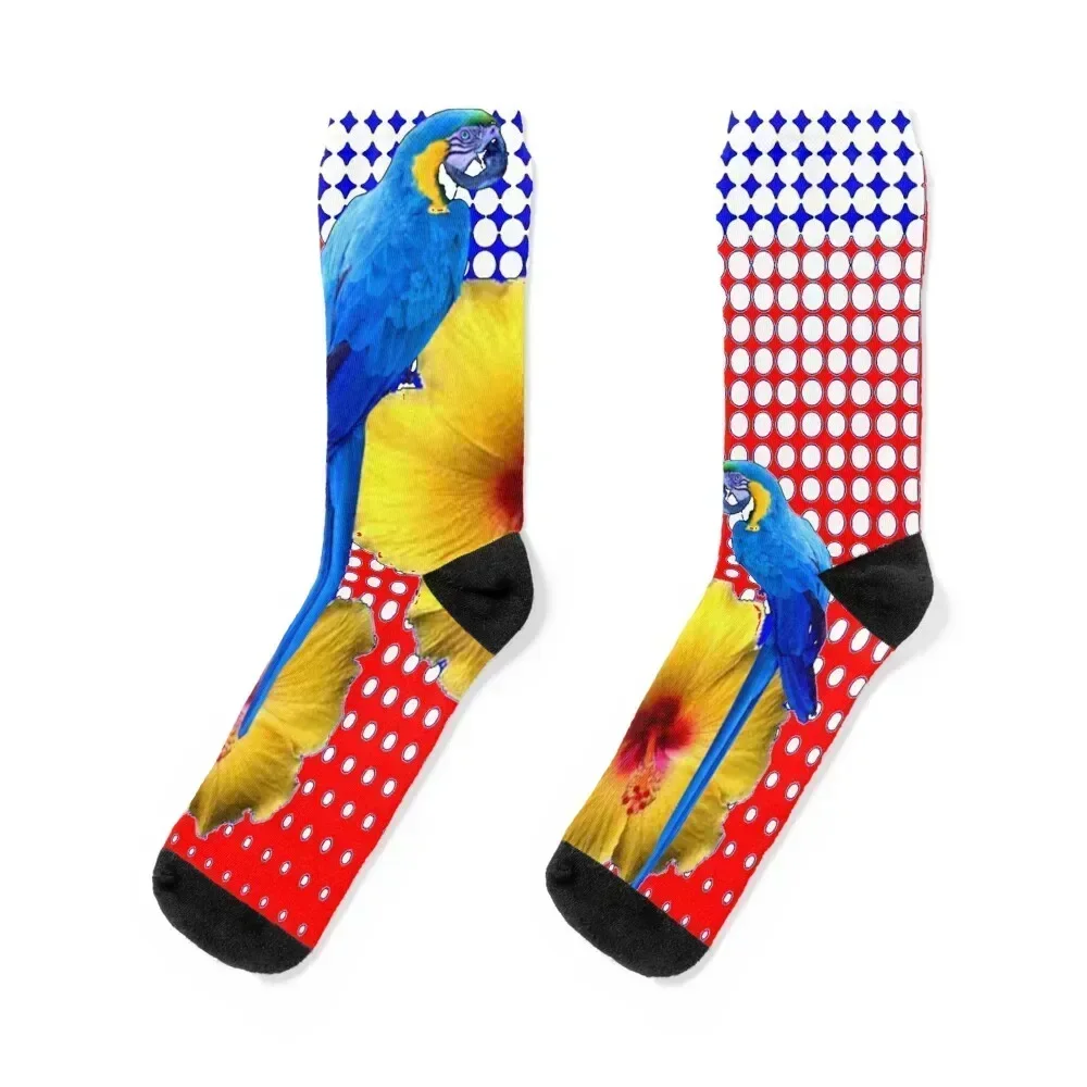 

TROPICAL BLUE MACAWS MODERN YELLOW HIBISCUS FLORAL RED ART Socks custom cotton retro Men Socks Luxury Brand Women's