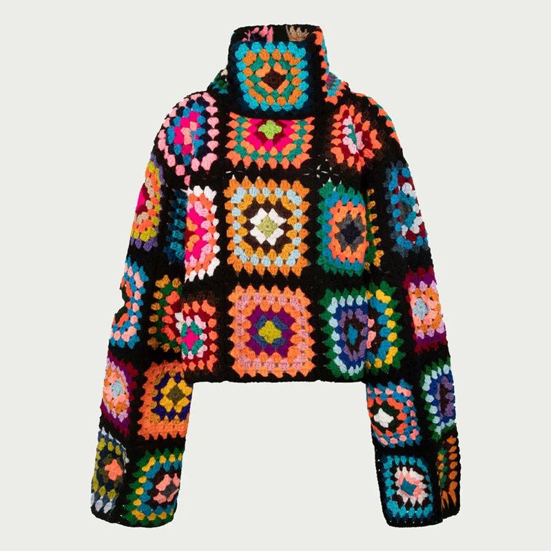 Colorful Crochet Sweaters Granny Square Turtleneck Cute Cardigan Boho Afghan Stitching Coat Color Patchwork Clothing For Lady