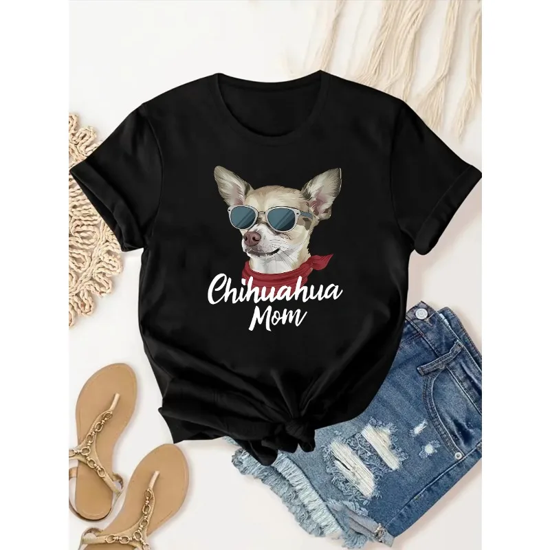 Fun Dog Letter Printed Women's Fashion Trend Cotton T-shirt Round Short Sleeve Simple Casual Sports Loose Women's O-neck T-shirt