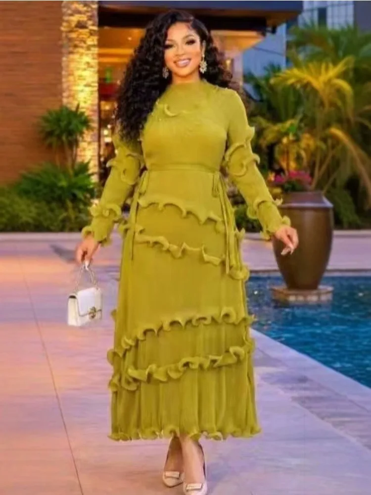 2026 Miyake Pleated Court Style High-end Lantern Sleeve Dress Women's New Lotus Leaf Edge Waist Chic Long Dress