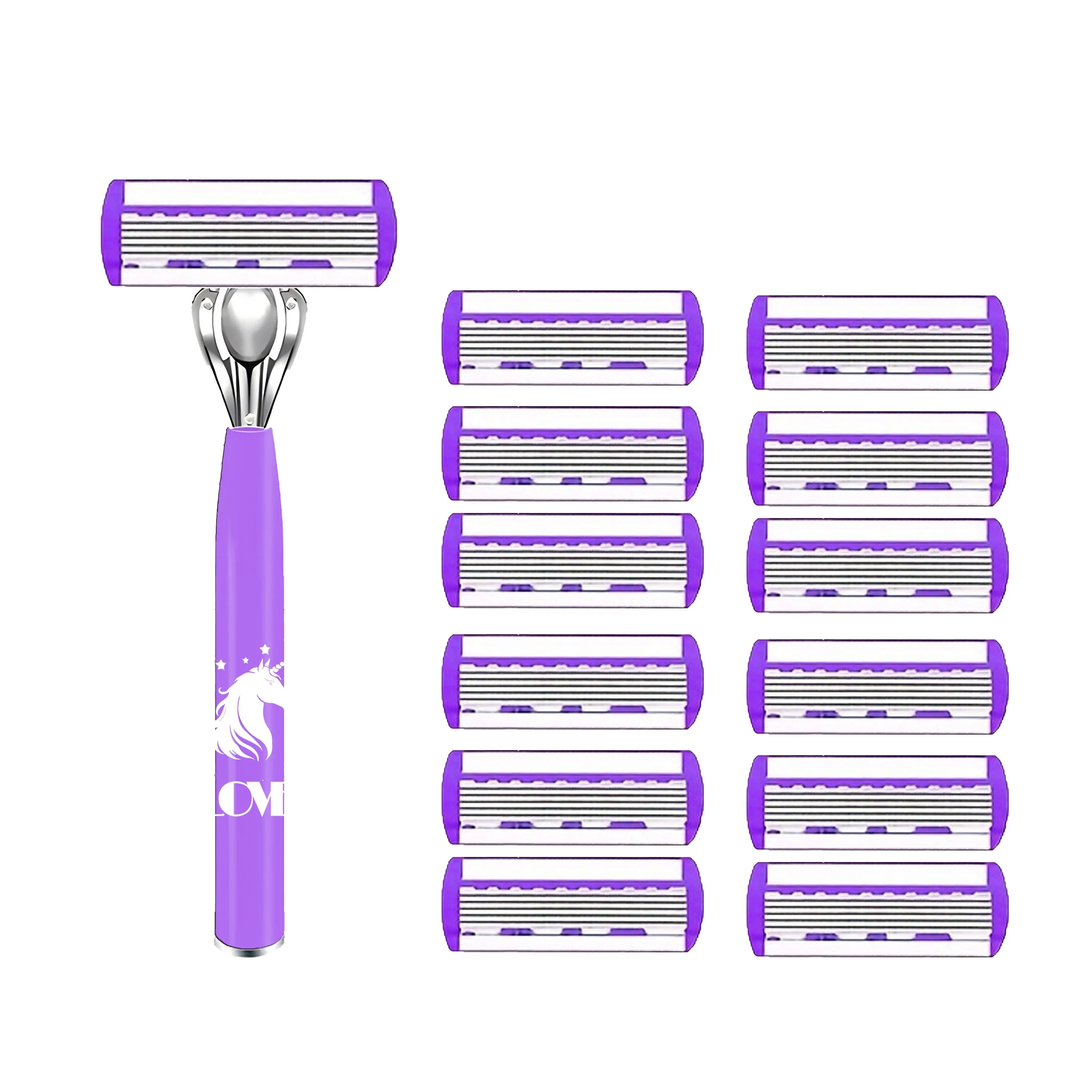 1 mango + 12 cuchillas/maquinilla de afeitar de seguridad Manual para mujer, cuchillas de afeitar de depilación de acero inoxidable de 6 capas, cabezal de afeitadora reemplazable