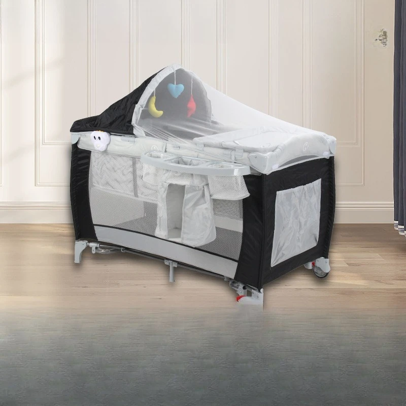 

Crib with mosquito net Multifunctional folding bed Movable play bed with diaper table