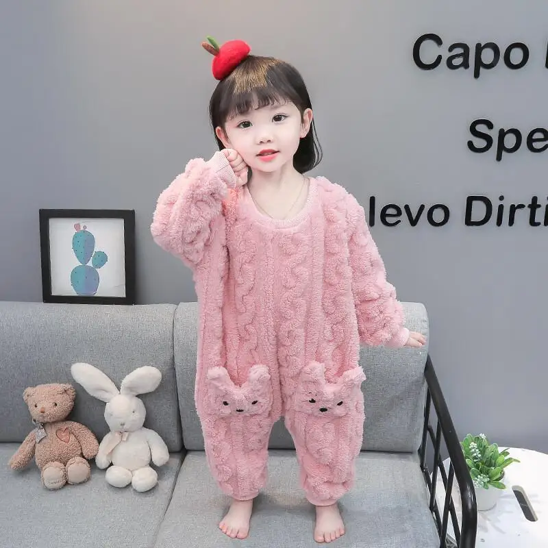 

Girls' Autumn Winter Coral Fleece Onesie Pajamas Comfortable Homewearpure Color Loungewear New Fashion Pj Set Kids Clothing