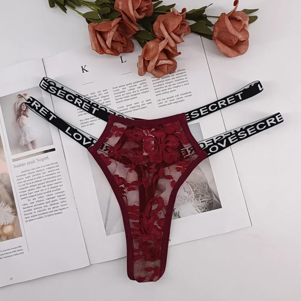 Tanga de encaje Sexy para mujer, bragas con cinturón fino con estampado de letras, lencería con espalda en T, ropa interior elástica de tiro bajo, pantalones eróticos