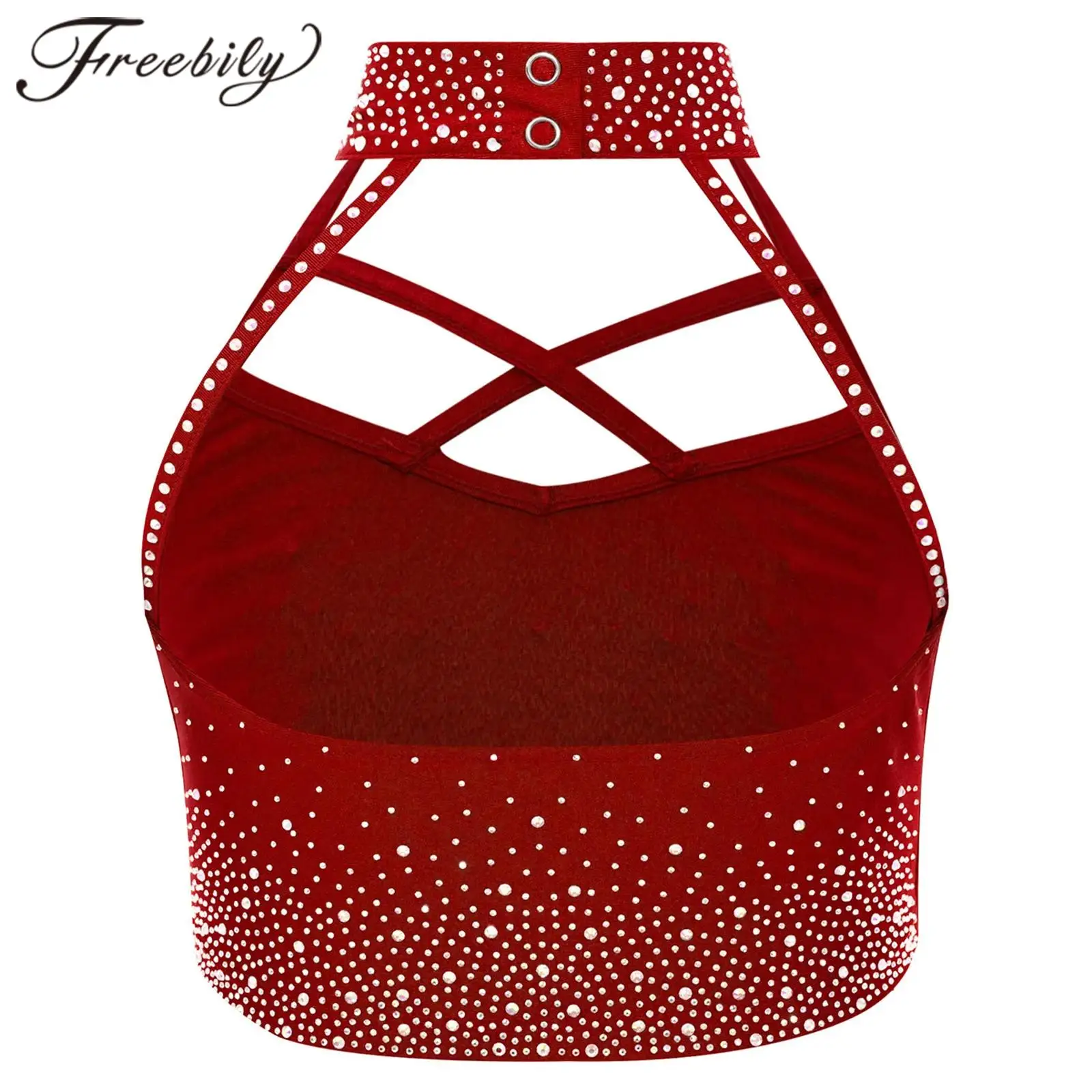 

Kids Girls Dance Crop Top Gymnastics Performance Costume Ballet Dance Tank Top Halter Sleeveless Rhinestones Ice Skating Clothes