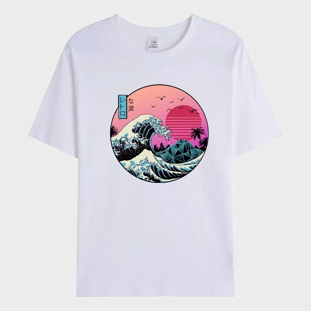 2024 Summer Men\'s T-shirt Sunset Waves in Japan Printed T-shirt Fashion 100% Cotton Short Sleeve Oversized Tee Shirt Men Clothes