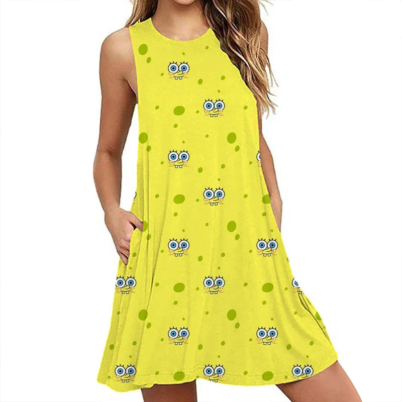 

SpongeBob SquarePants 3D cartoon print loose comfortable casual sleeveless dress 2024 summer new style fashionable women's dress