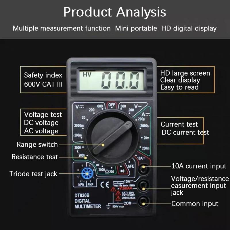 Towayer LCD Digital Multimeter AC/DC 750/1000V Digital Mini Handheld-Multimeter Probe For Voltmeter Ammeter Ohm Tester Meter