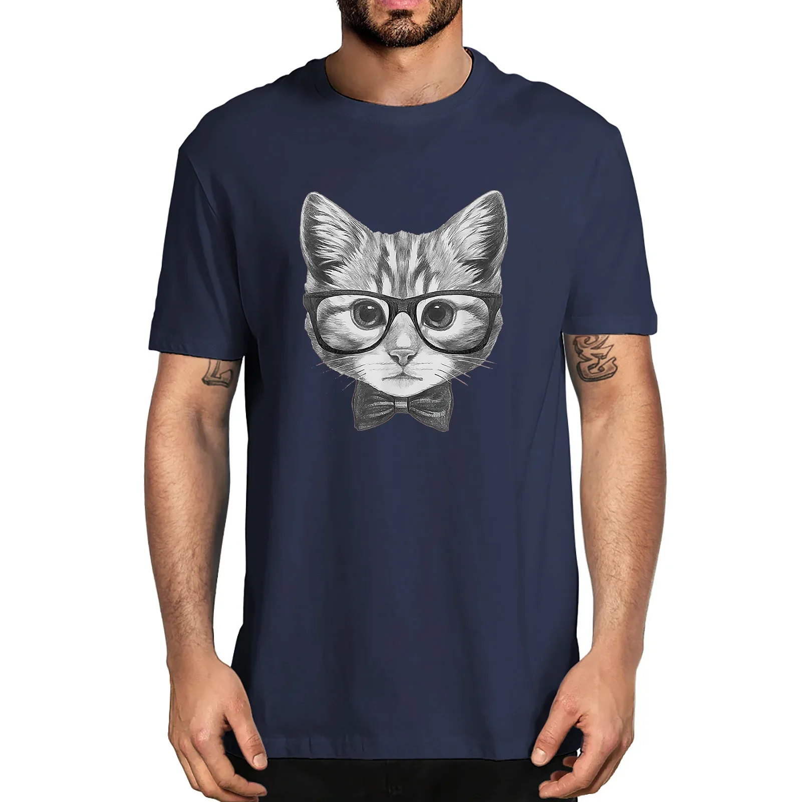 Unisex Fashion Cute Smart Cat Wearing Glasses Bow Tie Funny Cat Men's 100% Cotton T-Shirt Cat Lover Streetwear Women Soft Tee