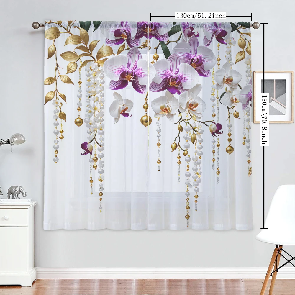 2Pcs Pearl Chains And White Butterfly Orchid Print Home Decoration Window Screens Suitable For Coffee Shops, Bedrooms
