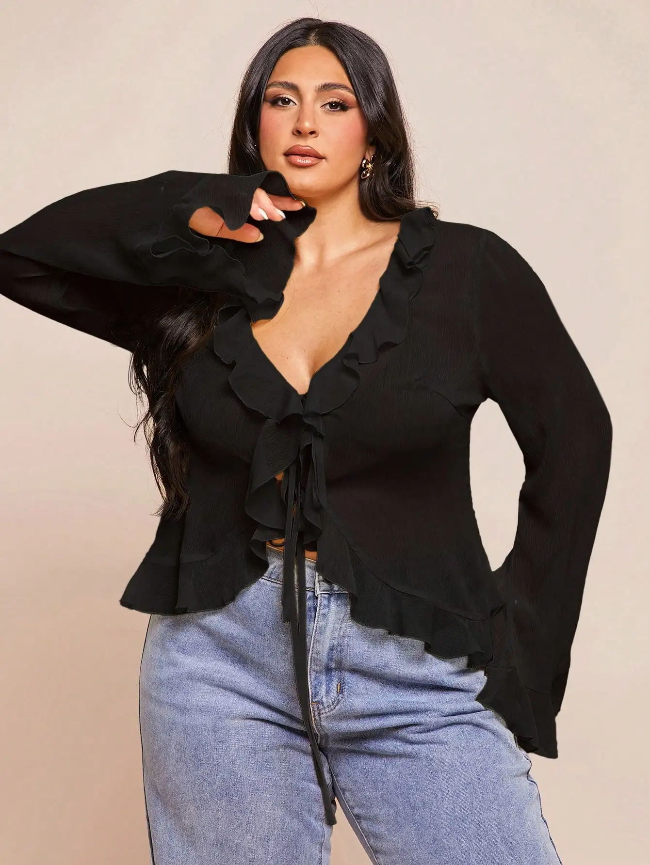 

Plus Size Women's Ruffle Hem Chiffon Blouse Long Sleeve Tie Front Elegant Top