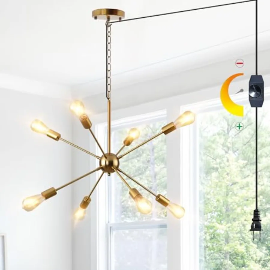 

DIMMABLE 26.3" Modern Plug in Sputnik Chandelier with Cord Brushed 8-Lights Pendant Light Fixture Midcentury Hanging Ceiling Li