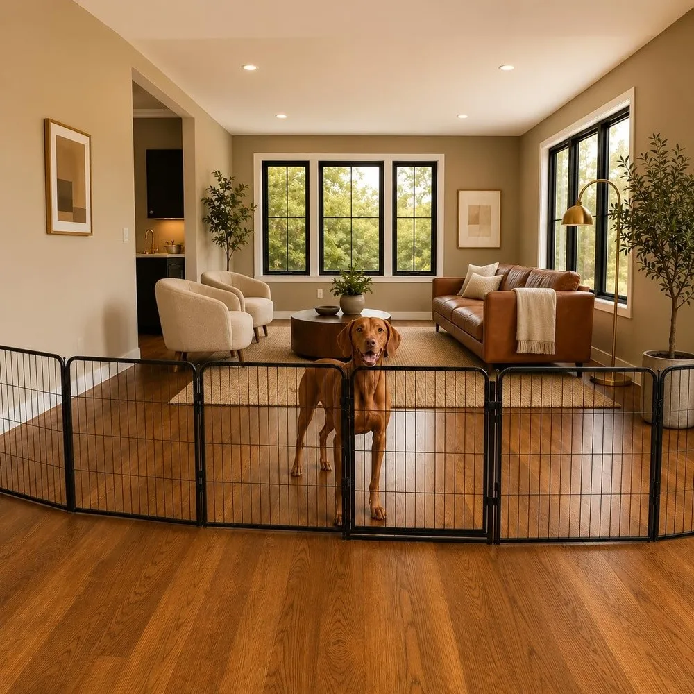 Extra Wide Adjustable Dog Gate w/Door – 32 inch Tall & Up to 214 Inch Wide 8 Panel Indoor Pet Barrier Freestanding