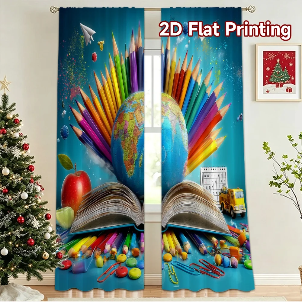2D flat 2pcs Curtain Modern Minimalist Style Back to School Globe Durable polyester fiber Birthday Party Perfect for Photo