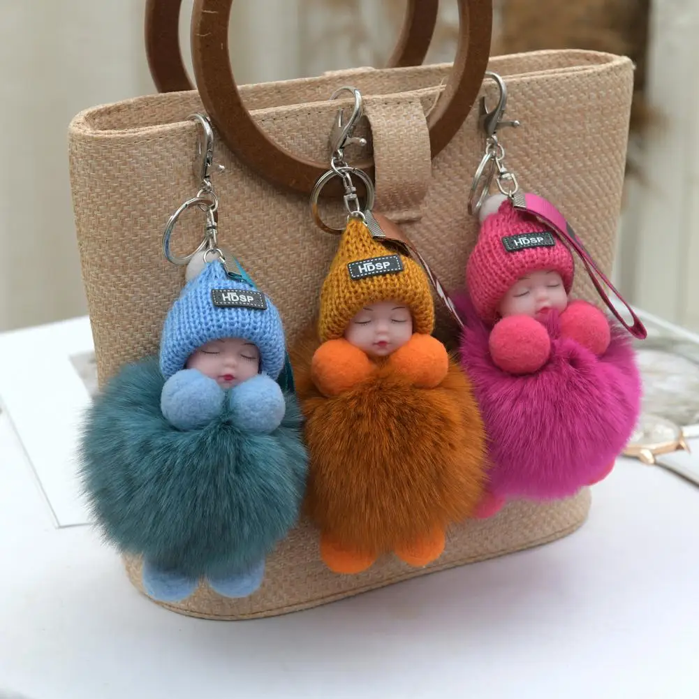 Pompom Sleeping Baby Keychain Cute Fluffy Plush Doll Fashion Keyholder Women Girl Bags Keyring Cars Key Ring Charming Decoration