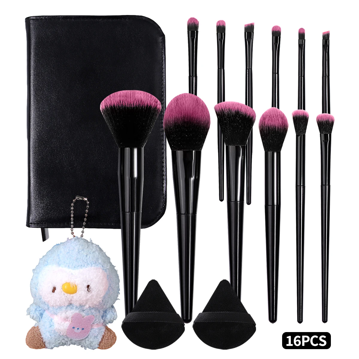 16-teiliges Make-up-Pinsel-Set in Schwarz und Pink, kostenloser Versand mit Tasche, Puderquasten und Anhänger