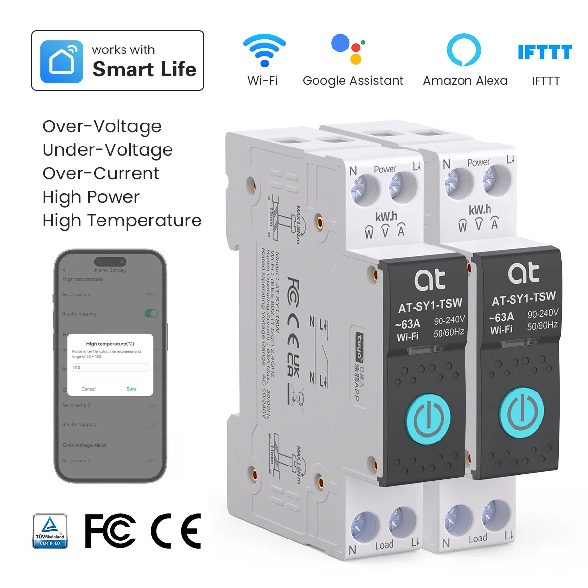 TUYA WIFI Smart Circuit Breaker Power Metering Smart Switch 1P 63A DIN Rail for Smart Home Wireless Remote Control by APP