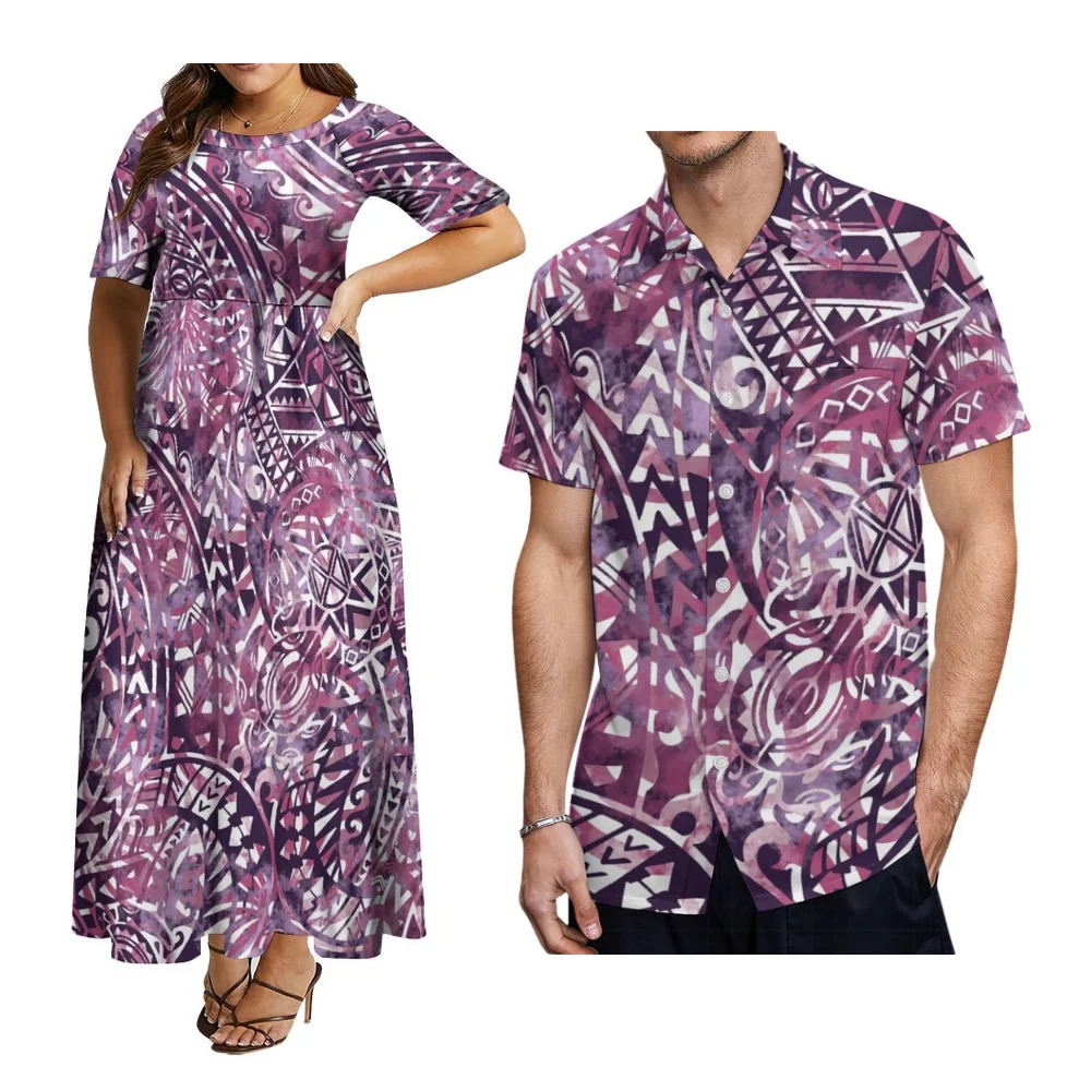 Conjunto de casal com padrão retrô da ilha de arte do pacífico, festa do festival samoano, vestido feminino com gola redonda e camisa masculina, roupas plus size
