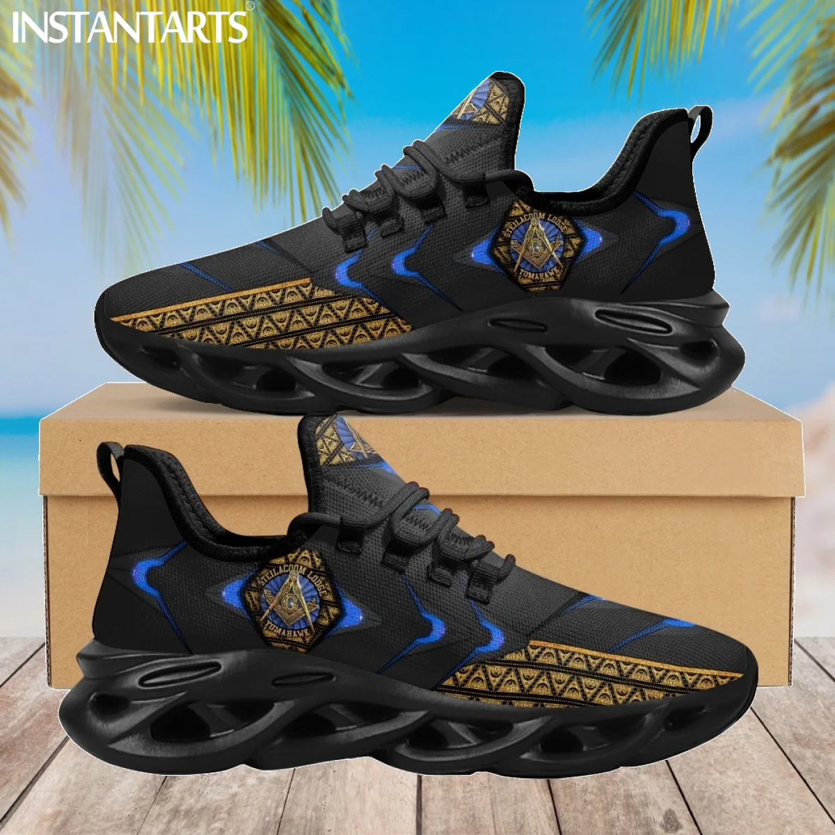 INSTANTARTS Blue Masonic Style Freemasonry Non-Slip Running Sneakers Air Cushion Mesh Shoes Outdoor Wear-Resistant Tennis Shoes