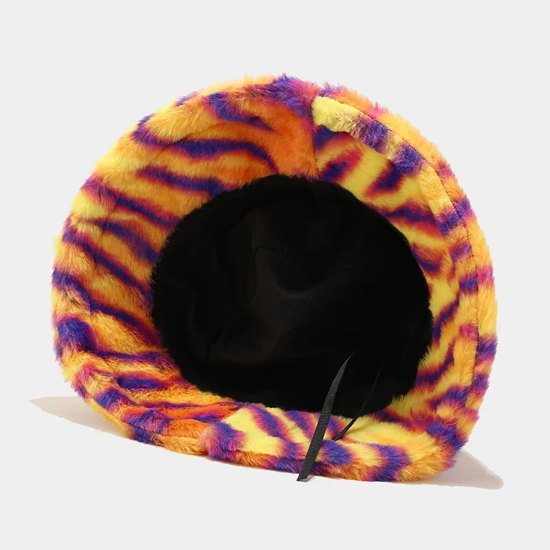 2022 Luxury Faux Fur Bucket Hat Woman Men Fluffy Colorful Print Tie-dye Plush Velvet Fisherman Winter Hat Thic Warm Bob Panama