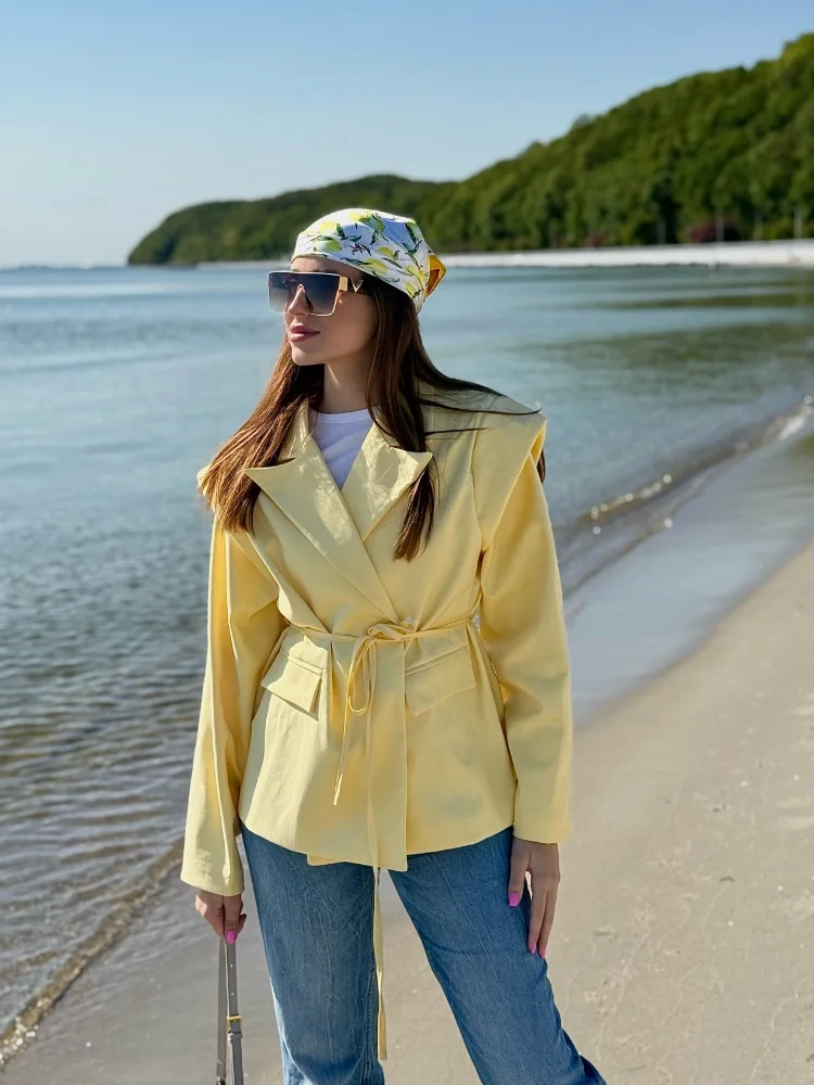 

Street Lace Up Women's Blazer Yellow Button Long Sleeve Lapel Button Suit Jacket 2025 Summer Spring Lady Loose Casual Outwear