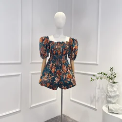 2023 New Arrivals High Quality Floral Printing Puff Sleeve Pleated Elastic Drawstring Waist Holiday Style Playsuits for Women